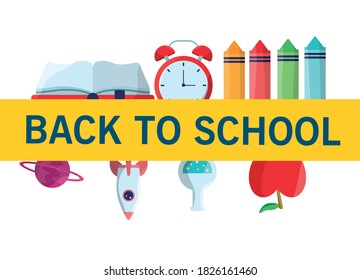 back to school lettering season with supplies and ribbon vector illustration design