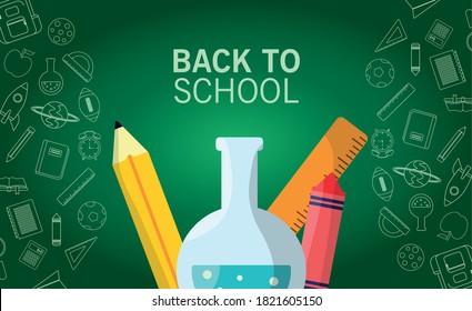 Back To School Lettering Season With Tube Test And Supplies In Chalboard Background Vector Illustration Design