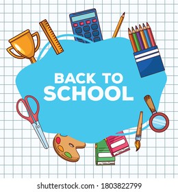 back to school lettering and set objects vector illustration design