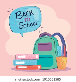 de vuelta a la escuela grabado en burbuja de habla con bolso de escuela y diseño de ilustraciones vectoriales de libros