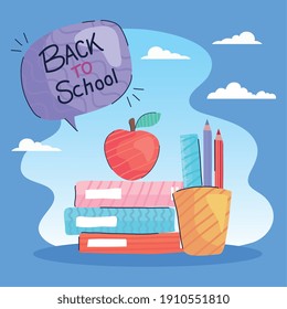 de vuelta a la escuela grabado en burbuja de habla con libros y diseño de ilustraciones vectoriales de manzana