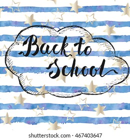 Back to school lettering in speech bubble on striped texture with stars. Hand drawn education background.