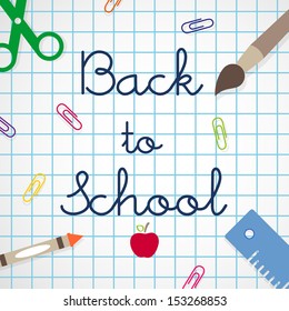 Back to school lettering in squared paper notebook. School supplies. Vector illustration, flat design