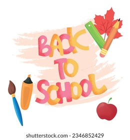De vuelta a las letras de la escuela. Papelería con letras. Ilustración vectorial. Educación, concepto de negocios. Para banner, volante o tienda.