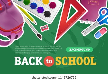 Back to school lettering with supplies and backpack. Offer or sale advertising design. Typed text, calligraphy. For leaflets, brochures, invitations, posters or banners.