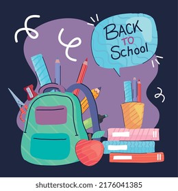back to school lettering with supplies in bag
