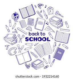 Back to school lettering, school supplies and office stationary in circle. Set of blue items on a white background. Vector design template for invitation, banner, poster. School and education concept.