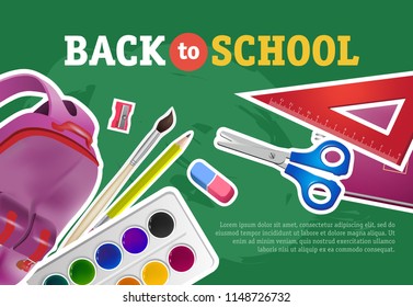 Back to school lettering with supplies and rucksack. Offer or sale advertising design. Typed text, calligraphy. For leaflets, brochures, invitations, posters or banners.