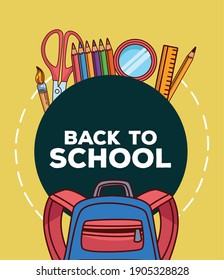 back to school lettering with supplies and schoolbag vector illustration design
