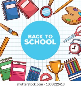 back to school lettering with supplies vector illustration design