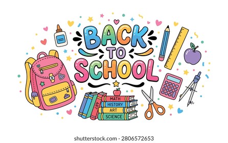 Back to school lettering surrounded by school supply illustrations including backpack and books white background and color black with backtoschool, education, supplies white background and color black