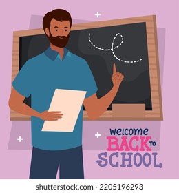 back to school lettering with teacher in classroom