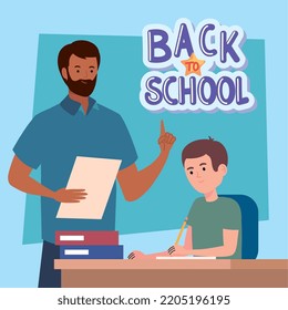 back to school lettering with teacher and student
