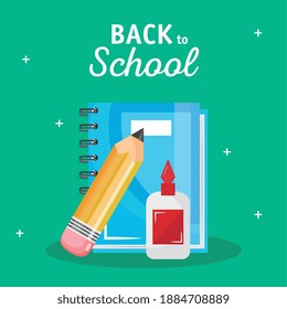 back to school lettering with teaxtbook and pencil vector illustration design