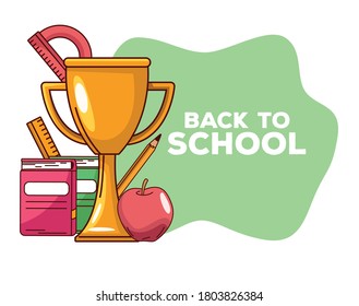 back to school lettering with trophy and items vector illustration design