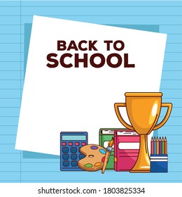 back to school lettering with trophy and supplies vector illustration design