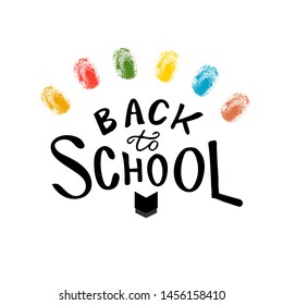 Back to school lettering typography poster with children's fingerprints and book icon. Vector illustration for summer sale, promotion, banner, 1 september. 