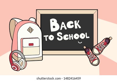Back to school lettering vector illustration. Backpack, chalkboard, sneakers and headphones vector isolated set. Colorful education hand drawn template. Learning, education knowledge cartoon concept.