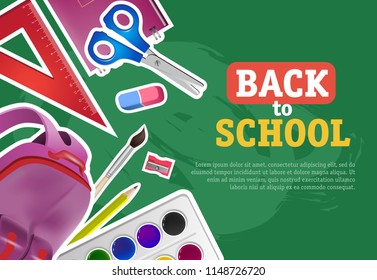 Back to school lettering with watercolor paints, scissors and backpack. Offer or sale advertising design. Typed text, calligraphy. For leaflets, brochures, invitations, posters or banners.