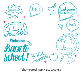 Back to school lettering wide banner. Vector hand draw set elements on isolated on white background.