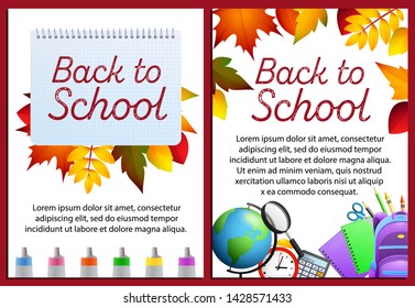 Back to school letterings in frames, stationery, Earth globe. Offer or sale advertising design. Handwritten text, calligraphy. For leaflets, brochures, invitations, posters or banners.