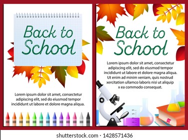 Back to school letterings in frames, stationery, microscope. Offer or sale advertising design. Handwritten text, calligraphy. For leaflets, brochures, invitations, posters or banners.