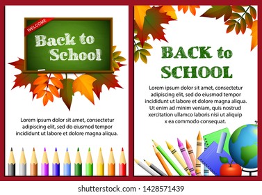 Back to school letterings in frames, stationery, chalkboard. Offer or sale advertising design. Typed text, calligraphy. For leaflets, brochures, invitations, posters or banners.