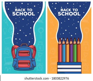 back to school letterings with schoolbag and colors pencils vector illustration design