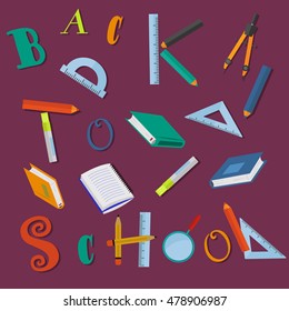 Back to school letters and school supplies on purple background vector concept