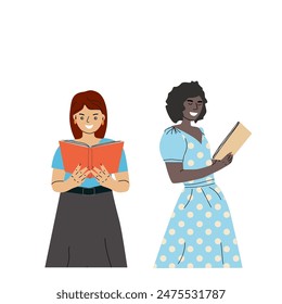 Back to school, library concept elements set. Online school teachers. Education characters. Book reading female teachers. For September, teachers day, book fair holiday background.