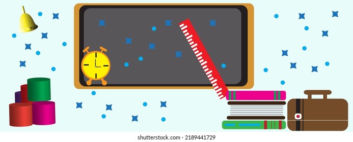 Zurück zur Schule hellblauer Hintergrund mit Wecker, Buch- und Linealsymbole.