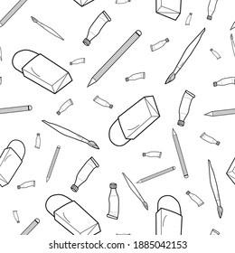 Back to School line art, coloring style, black and white seamless pattern