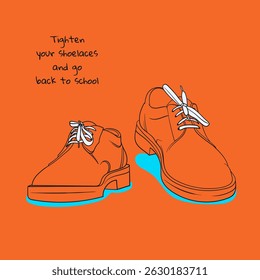 De volta à escola. Design de arte de linha de sapatos escolares em design de fundo laranja. Sapatos escolares em design de desenho animado para a campanha de publicidade back to school
