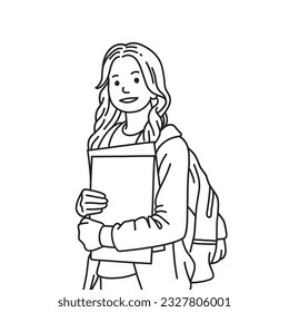 Back to school line art drawing. Teenager carrying books and school bag. Young girl going back to school. Black line art drawing of student. Student in school.