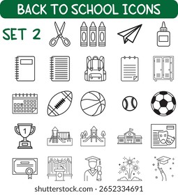 Voltar para a escola linha arte ícones conjunto 2 tesouras, lápis de cera, avião de papel, cola, cadernos, mochila, armário, calendário, bolas de esporte, troféu, playground, teatro, diploma, fogos de artifício e muito mais.