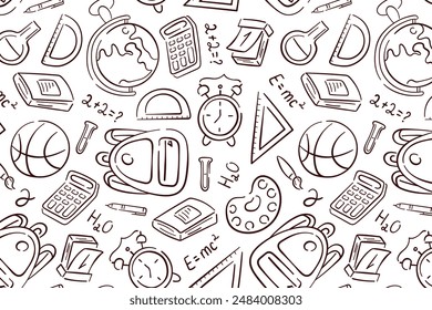 Back to school line art seamless pattern. Hand drawn object stationary of pencil, pen, book, bag, ruler, globe, alarm. Vector illustration on a white background.