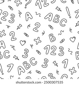 Zurück zur Schule Linie Kunst nahtlose Muster, Malpapier, Umriss niedlichen Buchstaben und Zahlen, Schulpapier druckbar