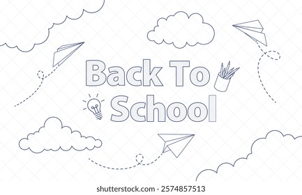Back to School line art style background with cloud and paper airplane vector illustration