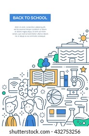 Back to school - line design poster template with education symbols and elements