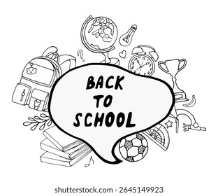 Zurück zur Schule. Handgezeichnete schwarz-weiße Grafiken. Zusammenstellung von Schulsachen in doodle-Stil Globus, Wecker, Rucksack, Bücher, Schreibwaren. Für Notebook-Design, Poster, Poster.