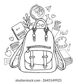 Back to school line drawing. Hand drawn black graphics. Composition of school items in doodle style backpack and school supplies. For design of projects, coloring books, educational materials.