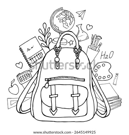 Back to school line drawing. Hand drawn black graphics. Composition of school items in doodle style backpack and school supplies. For design of projects, coloring books, educational materials.