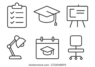 Zurück zur Schulzeile bearbeitbarer Symbolsatz. Enthält Symbole, die mit Schule, Bildung, Lernen, Lernen und mehr zu tun haben. Bearbeitbarer Strich. Vektorgrafik