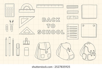 back to school line hand drawn flat illustration elements set collection. Cute school supplies, stationery, ruler, calculator, note, tape, bags