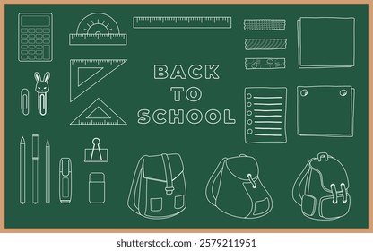 back to school line hand drawn flat illustration elements chalk board design set collection. Cute school supplies, stationery, ruler, calculator, note, tape, bags