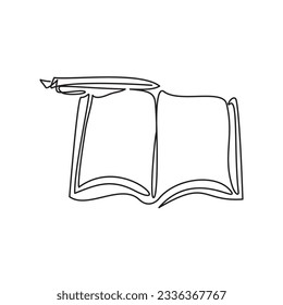 Back to school line icon. One continuous line of schoolwork drawing of notebook on study table. Vector illustration of school season. Ballpoint pen at top left of book.