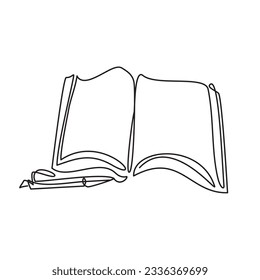 Zurück zum Schulzeilensymbol. Eine durchgängige Linie der Schularbeit Zeichnung von Notizbuch auf dem Lerntisch. Vektorgrafik der Schulzeit. Kugelschreiber links vom Buch unter Buch.