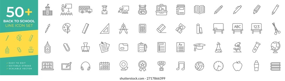 Conjunto de iconos vectoriales de la línea de regreso a la escuela para la educación, con edificios escolares, estudiantes, maestros, herramientas matemáticas, suministros de arte y elementos esenciales del aula para el Diseño web y las presentaciones.