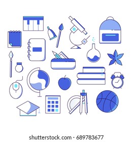 Back to school line icon set. Education vector collection. School supplies and symbols. Mathematics, geography, art, chemistry, biology, physical education, calligraphy, music, computer science.