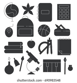 Back to school line icon set. Education vector collection. School supplies and symbols. Mathematics, geography, art, chemistry, biology, physical education, calligraphy, music, computer science.